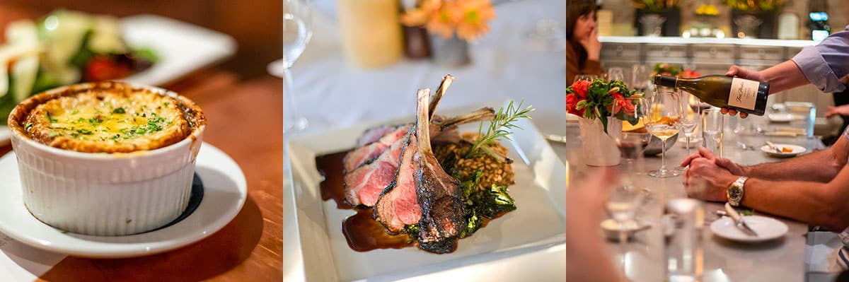 Photo of three menu items including French Onion Soup, Pistachio-crusted Rack of Lamb and wine.